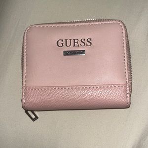GUESS bifold wallet with zipper closure, taupe pink with silver hardware